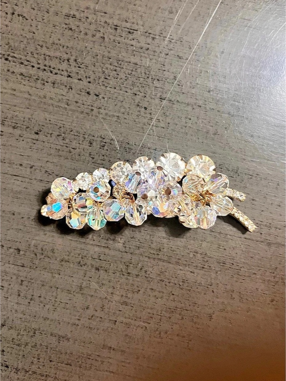 Rhinestone Floral Barrette in Gold & Clear Like New
